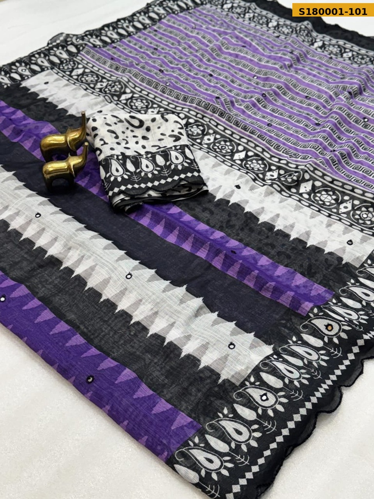 Fancy Soft Linen Cotton Zigzag Printed Saree