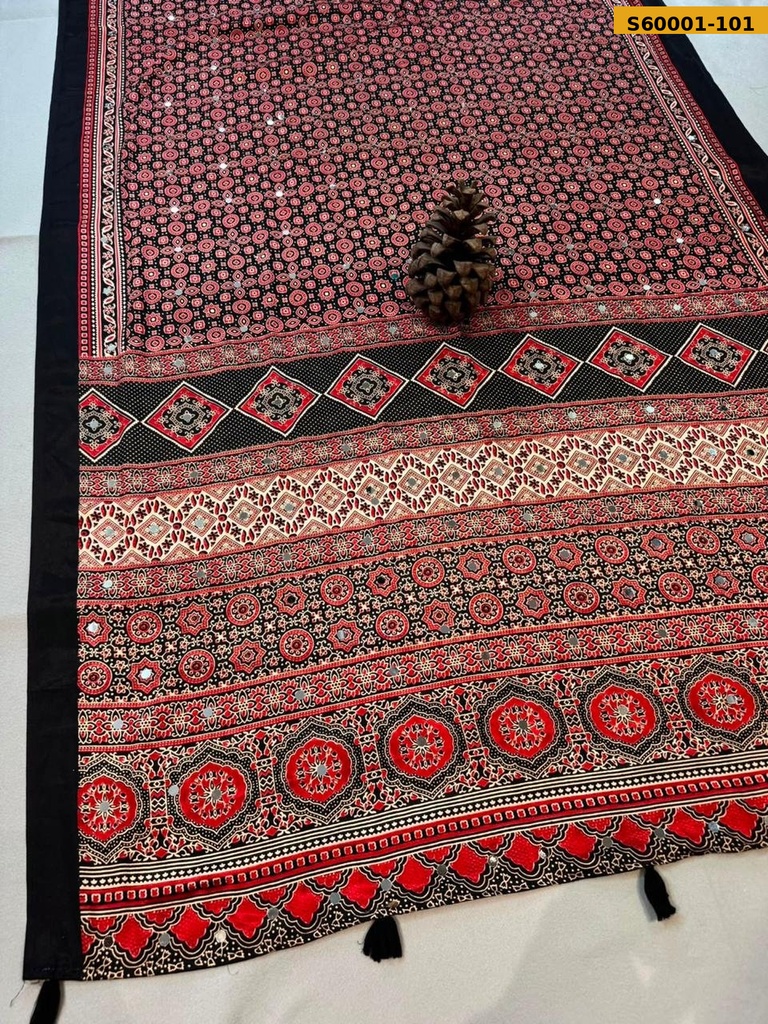 [S60001-101] Fancy Gajji Silk Ajrakh Printed Saree (S60001-101)