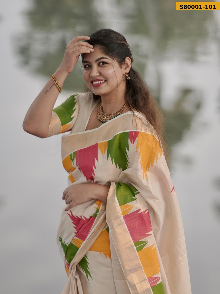 [S80001-101] Fancy Golden Tissue Temple Border Saree